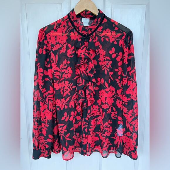 Chico’s Red Floral Ruffle Front Blouse | Size 3 (U.S. 16/18) - Picture 1 of 8